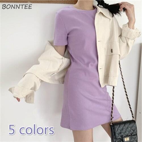 Dress Women Simple All-match Harajuku Summer Basic Short Sleeve Girls Dresses Korean Chic Sweet Stylish Womens Clothing 5 Colors