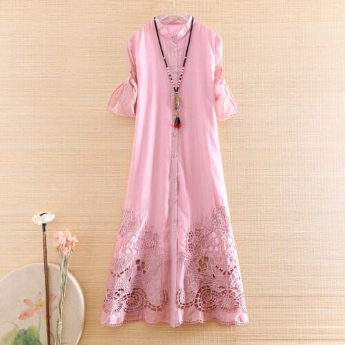 High-end Spring Summer Women Cheongsam Dress Retro Elegant Embroidery Loose A-line Lady Hollow Out Party Qiapao Dress S-XXL