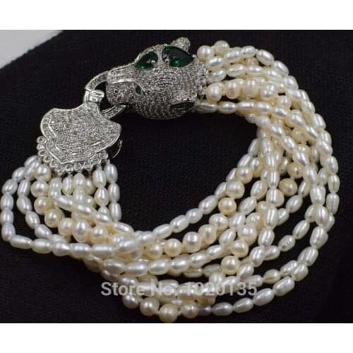 10rows freshwater pearl near round and rice bracelet and leopard clasp wholesale beads 8inch