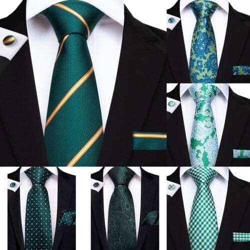 2019 DiBanGu Classic Green Men Gifts Tie Clip 150cm Long Neck Tie Hanky Cufflinks Tie Business Wedding Party Tie Set