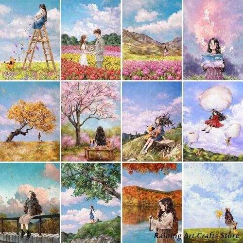 5D Diy Diamond Painting Cartoon Girl Embroidery Full Drill Rhinestone Cross Stitch Kits Fantasy Landscape Mosaic Pictures Decor
