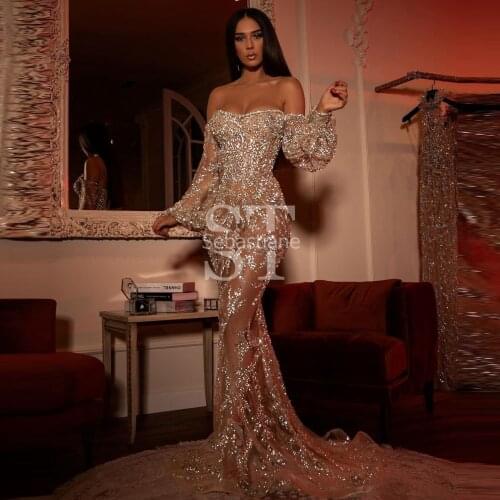 Sparkling Mermaid Sheer Evening Gowns Detachable Sleeves Silver Sequins Appliques Prom Dress See Through Beaded Custom Made