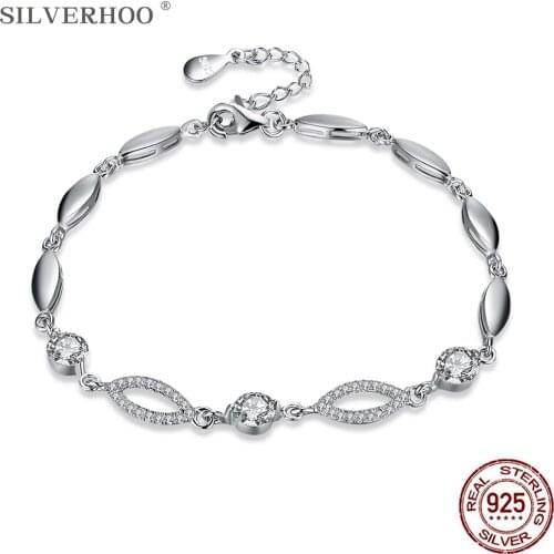 SILVERHOO Minimalist Sterling Silver Bracelets For Women Shining Zircon Chain Bracelet Silver 925 Jewelry Romantic Wedding Gift