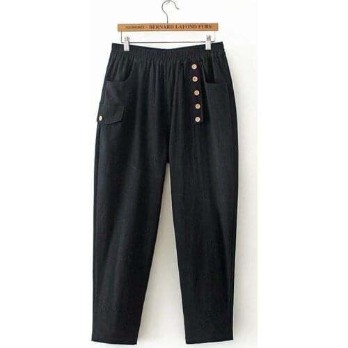 Plus Size 2XL-4XL Slim Cut Elastic Waist Women Pants Cotton&Linen Casual Harem Trousers with Pockets and Buttons