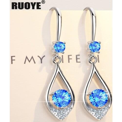 925 Sterling Silver Drop Earrings Blue Pink Crystal Long Earrings Fashion Silver Jewelry New 2020