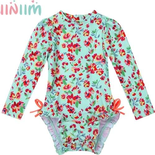 Iiniim Newborns Baby Girls Clothing One-piece Long Sleeves Floral Printed Back Zipper with Ruffles Swimsuit Bath Suit Rash Guard