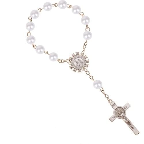 Classic Retro Imitation Pearl Mary Jesus Cross Pendant Rosary Bracelets Catholic Icons Religious Jewelry Women Gift