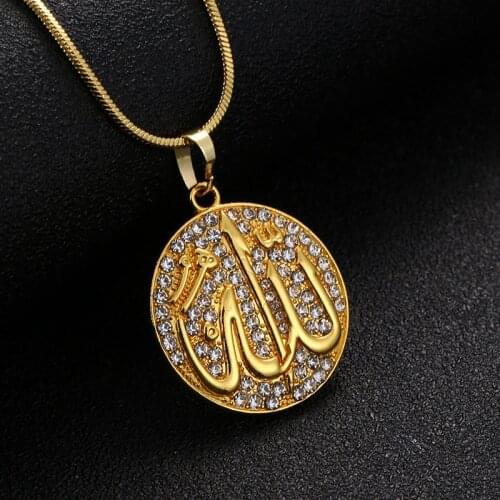 Classic Allah Necklace Pendant Islamic Jewelry For Women Gold Color Crystal Round Mesh Religious Muslim Jewelry 70 cm