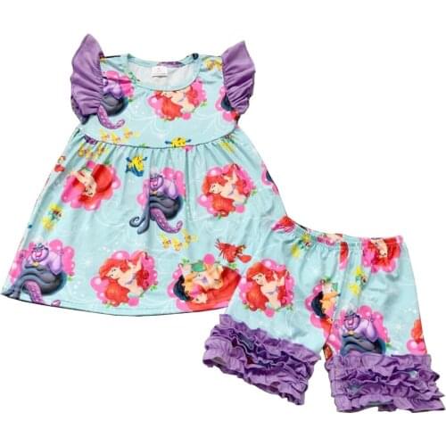 2020 boutique kids clothes flutter sleeve and ruffle shorts cartoon mermaid print summer outfit for baby girls clothes