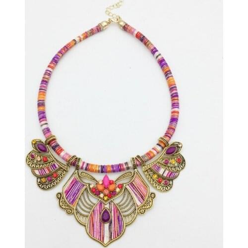 Bohemian Necklace Earring Set Chunky Enamel Multicolor Pendant Vintage Rhinestone Ethnic Choker Necklace Eardrop Dangler