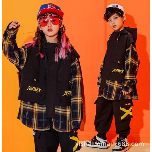 Hip Hop Dance Clothing for Boys Ballroom Dance Clothing Girls Jazz dance Costumes Kids Loose Plaid Shirt Black Overalls XS1307