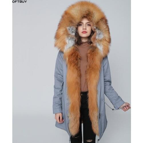 OFTBUY 2021 Real Fur Coat Winter Jacket Women Long Parka Natural fox Fur Collar Hood faux Fur Liner loose coat ins fashion new