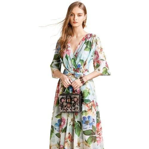 Plus Size Fashion Designer Summer Dresses Women V-Neck Flower Print Bow Belt Slim Big swing Midi Dress Vestoidos