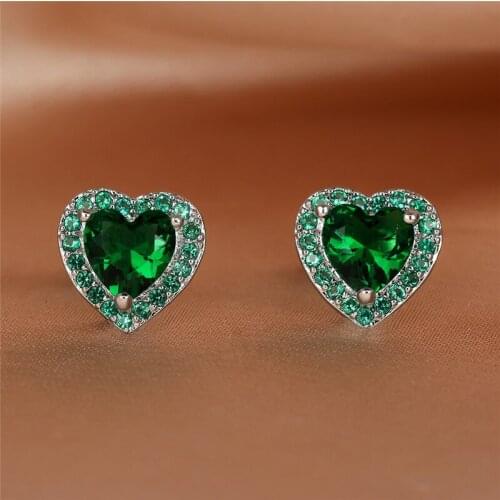 Luxury Green Crystal Stud Earrings Female Cute Love Heart Stone Earrings Vintage Silver Color Small Earrings For Women Wedding