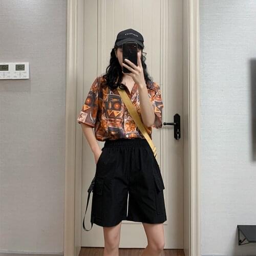 2021 New Fashion Trend Black High Waist Cargo Shorts for Woman Black Loose Casual Shorts Cool Middle Pants Streetwear Women