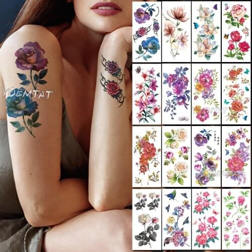 Blue Purple Watercolor Rose Temporary Tattoos for Women Tattoo Sticker 3D Jewels Style Body Chest Neck Art Waterproof Fake Tatoo