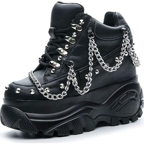 Ankle Boots Womens Spike Studded Genuine Leather Fashion Sneakers Platform Wedge High Heels Punk Party Oxfords Buckle Chain