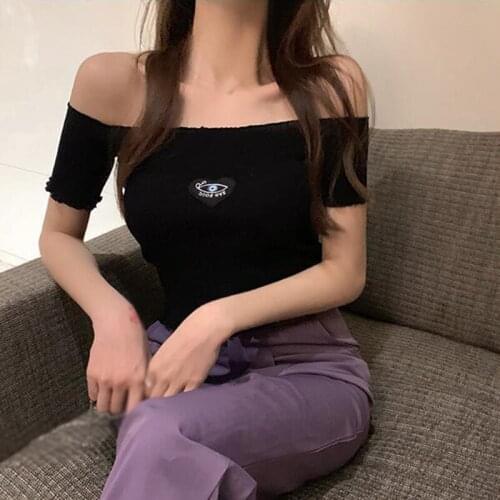 Womens Slash Neck T Shirts Summer Short-Sleeved Casual Slim Tops Lady Exposure Navel Knitted Tee Female Crop Top Ladies Shirt