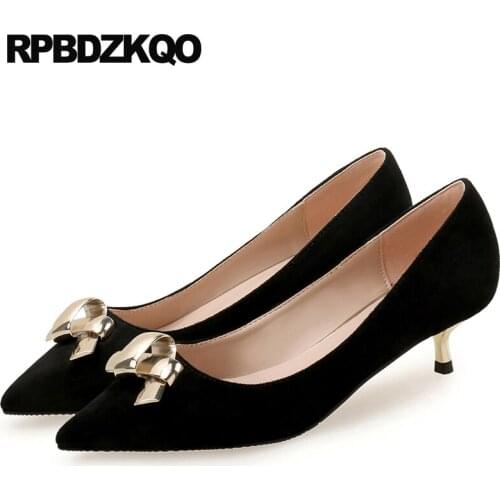 Bow Medium Heels Thin Size 4 34 Kitten Ladies Stiletto Slip On Pointed Toe Green Shoes For Women Black Suede Metal Pumps Fashion