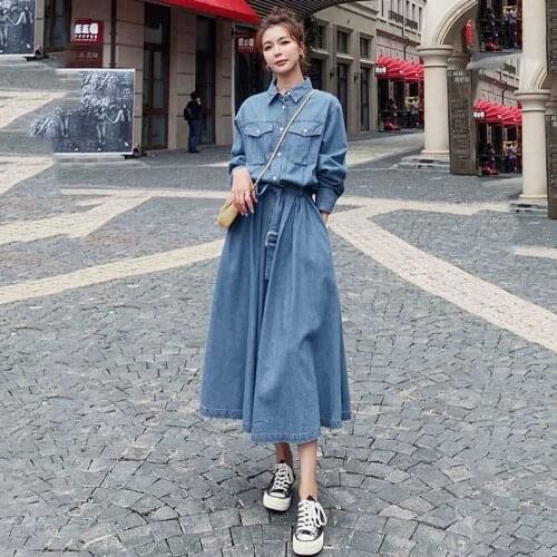 Blue Denim Dress Female 2021Spring Autumn New Long Korean Loose Long Sleeve High Wwaist Single Breasted Fashion Womens Dress62X