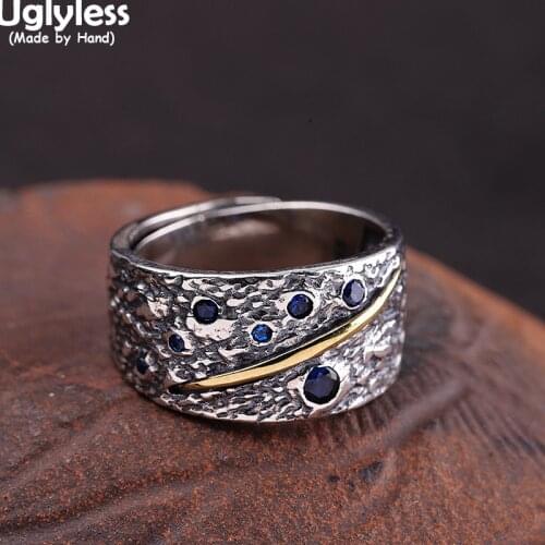Uglyless Universe Designer Blue Zircons Planets Rings for Women Thai Silver 925 Silver Wide Open Rings Bumpy Creative Jewelry