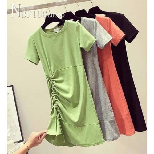 Avocado Green Drawstring Short Sleeve Women Dress Solid Color Female Dresses