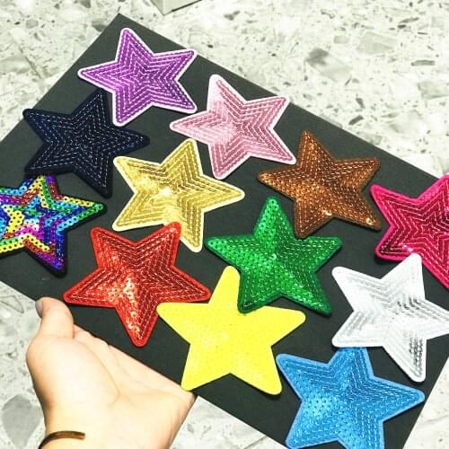 Wholesale 10Pcs Black Star Sequins Patches For Clothing Iron On Embroidered Appliques DIY Apparel Sewing on Stickers 15 colors