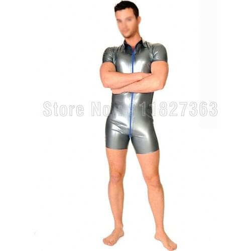 100% Handmade Latex Catsuit Sexy Short Sleeve Mens Latex T-Shirt Turn-down Collar Rubber Catsuit Customized