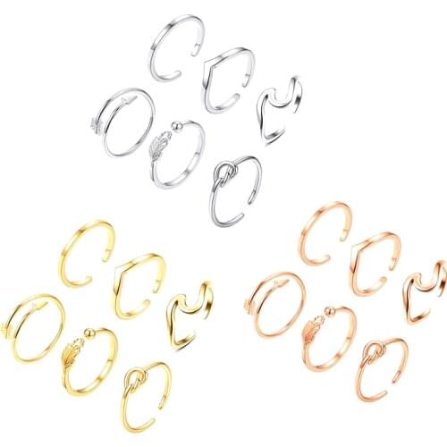 6pcs/set Woman Fashion Rings Leaf Arrow Flower Feather Shape Tail Ring-Gold/Ladies Adjustable Stackable Thumb Open Ring Set