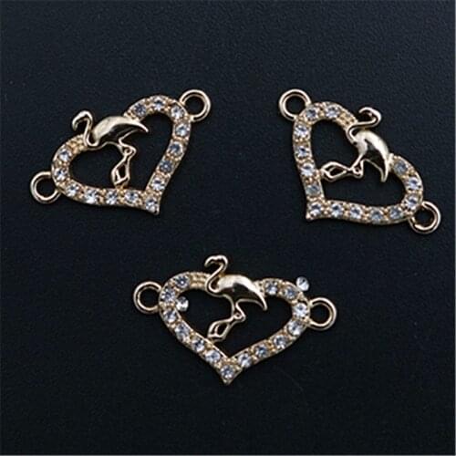 WKOUD 6pcs kc golden hollow rhinestone flamingo peach heart connectors fashion bracelet necklace DIY metal jewelry makings A1472