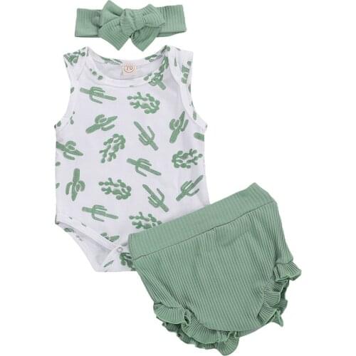 2020 Brand Infant Baby Girl Clothing 0-18M Sleeveless Cactus Print Bodysuit Tops+Solid Ruffle High Waist Shorts Headband Sets