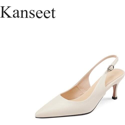 Kanseet Slingbacks Women Natural Genuine Leather Shoes 6cm High Heels Pointed Toe Shoes Ladies Large Size 42 43 Women Sandals