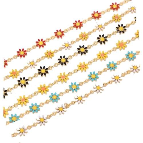 1 Meter Raw Brass Daisy Charm Chain Gold Plated Enamel Flower Beaded Chains for Necklace Bracelet Earrings DIY Jewelry Making