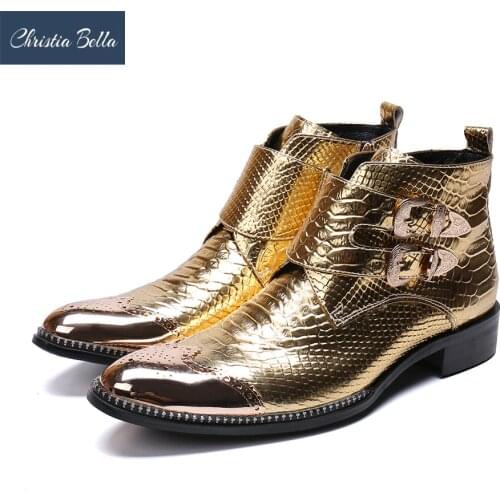 Christia Bella Autumn Buckle Strap Men Shoes Genuine Leather Boots Fashion Metal Pointed Toe Boots Big Size Zipper Ankle Boots