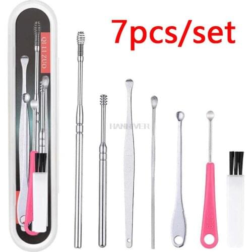 7 Stks/set Rvs Oor Wax Pickers Spiraal Earpick Wax Remover Curette Oor Pick Cleaner Lepel Oor Clean Tool