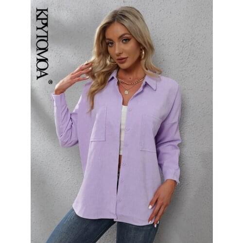 KPYTOMOA Women 2020 Fashion Pockets Oversized Corduroy Shirts Vintage Long Sleeve Asymmetric Loose Female Blouses Chic Tops
