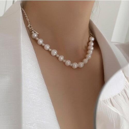 VSnow Minimalist Asymmetric Freshwater Pearl Beaded Chokers Necklace for Women Girls Silver Color Metallic Necklace Jewellery