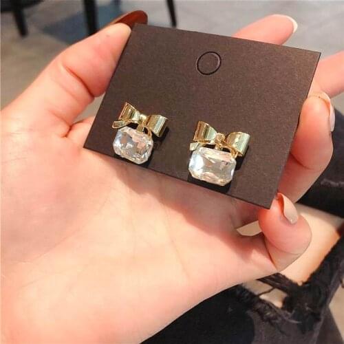 Fashion Metallic Bow Square Crystal Stud Earrings Etrendy Delicate New Jewelry Personality Earings bijoux Wholesale