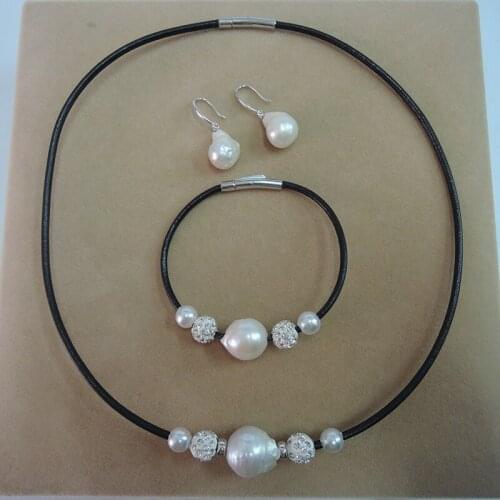 FRESHWATER PEARL JEWELRY SET NECKLACE,BRACELET,EARRING-white baroque pearl,925 SILVER earring and leather ROPE,nice clasp