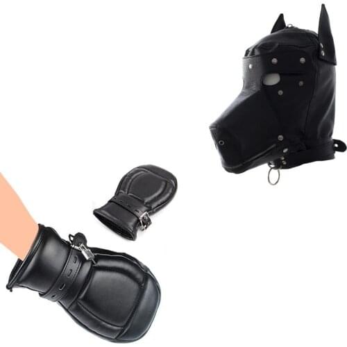 Dog Hood Mask & Padded Black PU Leather Fist Mitts Gloves BDSM Restraints Bondage Lockable Mitten Handcuffs Sex Toys For Couple
