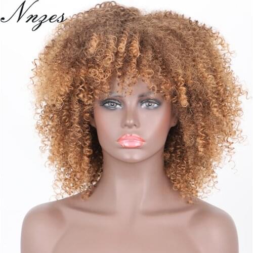 NNZES Synthetic Wigs 14 Inches Short Kinky Curly Ombre Blonde Wig Black Color for Women High Temperature Fiber