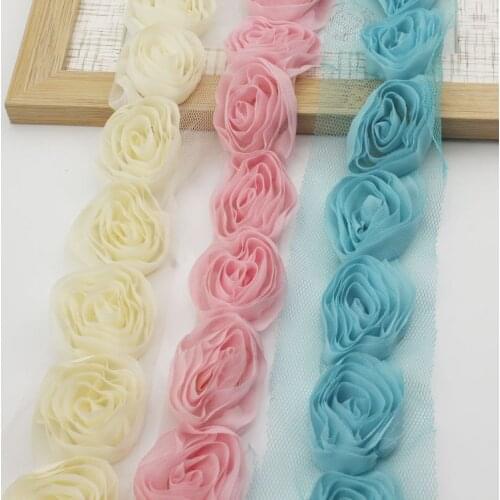 2y 4cm Chiffon Rose Flower Lace Trim for Infant Girl Toddlers Jumpsuit Rompers Dress Dolls Trimming Sewing Headwear Accessories