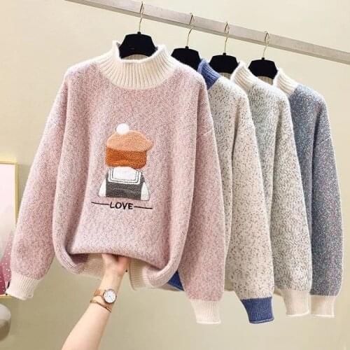 2021 Autumn Winter New Cute Cartoon Women Sweater Flocking Loose Lazy Outerwear Maiden Pullover All-match Sweater Trend Female