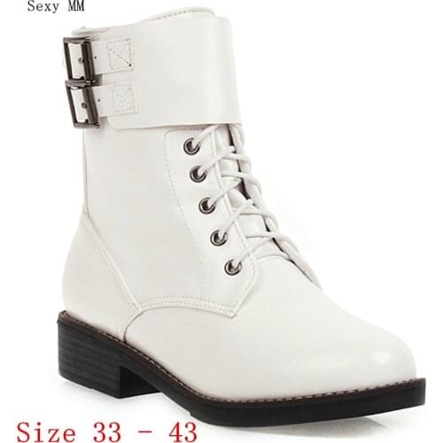 Autumn Women Low Med Heels Mid Calf Boots Booties Motorcycle Shoes Woman Low Heel Short Boots Small Plus Size 33 - 40 41 42 43