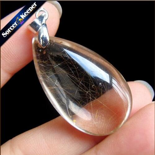 Genuine Natural Gold Rutilated Quartz Crystal Cabochon Setting Necklace Pendant Stone Beads for DIY Jewelry Making OS788