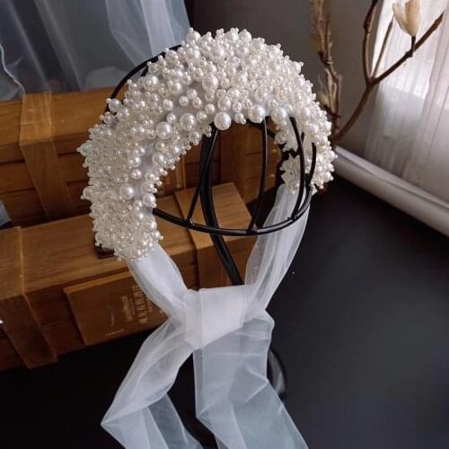 Luxury Design Full Pearl Beaded Headband Adjustable Ribbon Garlands Gauze Mesh Hairbands Bride Wedding Photo Shooting Headdress