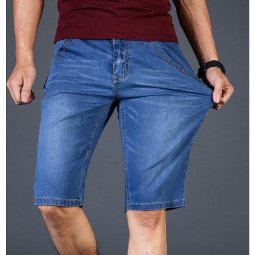 Men Knee Length Soft Blue Casual Shorts Bermuda Plus Size 28-46 Summer Brand Stretch Thin Breathable Cotton Denim Jeans Short