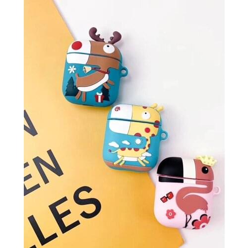 Animal Design Keychain For Apple AirPods Case Cute Giraffe Elk Flamingo Earphone Case Apple Airpods 1 2 Anti-fall Silicone Cover