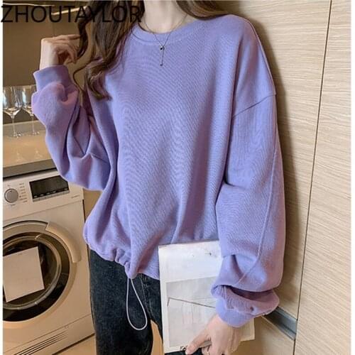 ZHOUTAYLOR Sweatshirt Women Office Lady Draw String Sweet Pullovers Femme Full Sleeve O-Neck Loose Autumn New Tops Female S0690