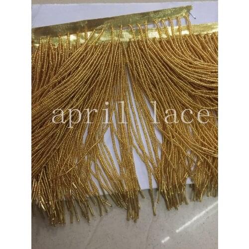 Yy057 # 5 yards gold 15 cm width round beads silk ribbon fringe tassel for wedding dress /garment/decorative